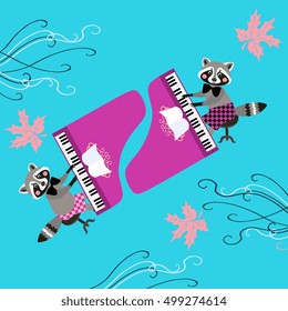 Cute raccoons - musicians. Beautiful card with cartoon animal characters playing grand piano and maple leaves. 