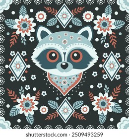 cute raccoons on a background of floral ornament