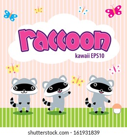 Cute raccoons on a pretty background. Kawaii style vector