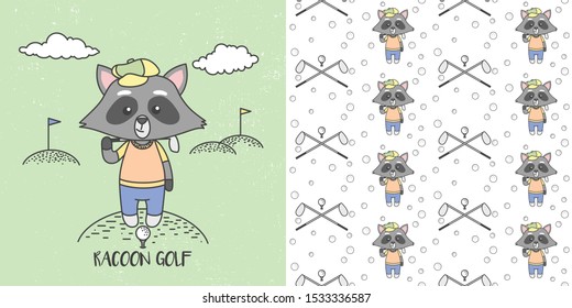 Cute Raccoons Playing Golf and Seamless pattern, Vector Illustration, ready for T-Shirt.