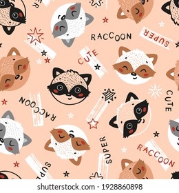 Cute Raccoons Seamless Pattern. Childish Background with Little Raccoon Heads. Vector Baby Animals Drawing for Tee Print for Kids