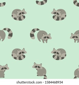 Cute raccoons in various poses. Seamless pattern on light green background. Vector flat illustration.