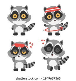 Cute raccoons vector cartoon characters set isolated on a white background.