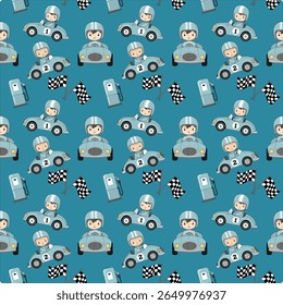 Cute Race Car Driver and Checkered Flag seamless Pattern background