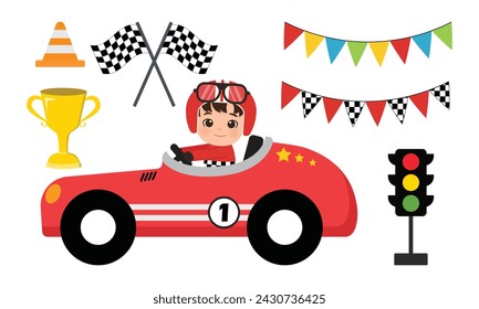 Cute racer boy cartoon style with racing element