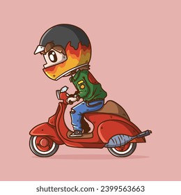 Cute Racer Cartoon Vector Illustration riding red Retro Vintage Classic Scooter. Retro Classic Scooter Bike Vector