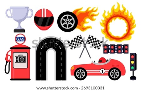 Cute racing car, flag, gas station, traffic light and burning tire