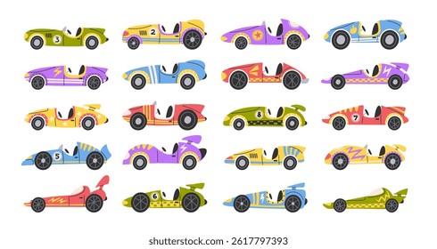 Carros de corrida bonitos coloridos de alta velocidade dirigindo automóveis infantis mão desenhada conjunto isolado no branco