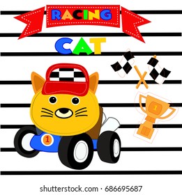 cute racing cat. vector cartoon illustration for kid shirt design, wallpaper, book cover design