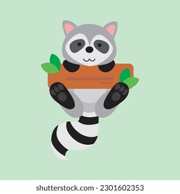 cute racoon animal illustration holding a tree branch.Cute wild animal drawing for kids design. Racoon mascot. Cheerful raccoon playing on tree. flat cartoon racoon vector isolated on green background