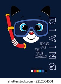 cute racoon beach diving, vector animal cartoon illustration design
