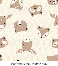 Racoon, oso cutto, ardilla cuta, vector de alce cutáneo, patrón de amigos del bosque, repetición del bosque