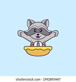 Cute racoon with birthday cake. Animal cartoon concept isolated. Can used for t-shirt, greeting card, invitation card or mascot.