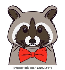 Cute Racoon with bow-tie. Print for fabric, t-shirt, poster. Vector illustration
