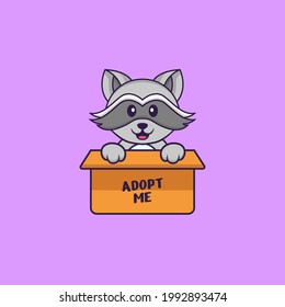 Racoon lindo en la caja con un afiche Adopta a mí. El concepto de caricatura animal aislado. Puede usarse para camisetas, tarjetas de felicitación, tarjetas de invitación o mascota.