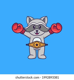 Cute racoon in boxer costume with champion belt. Animal cartoon concept isolated. Can used for t-shirt, greeting card, invitation card or mascot.