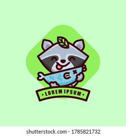CUTE RACOON BRINGT BLUE FISH CARTOON LOGO