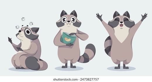 Personaje de dibujos animados de mapache lindo en diferentes poses. Vector divertido animal salvaje con varias emociones de la cara - sentado confundido y considerado, feliz o bienvenido con las patas arriba, de pie y comiendo patatas fritas snack.