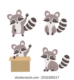 Cute racoon cartoon character in different poses