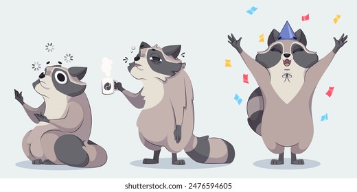 Cute racoon cartoon character. Funny vector raccoon illustration. Wild mascot pose with confetti for birthday celebrating. Comic sleepy and tired animal with coffee. Adorable emotion expression set