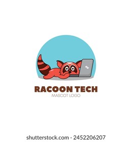 cute racoon cartoon mascot logo design illustration concept in front laptop tired animal illustration icon flat style