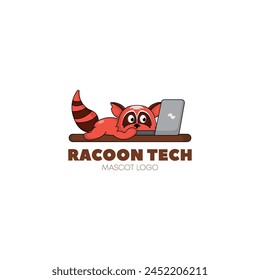 cute racoon cartoon mascot logo design illustration concept in front laptop tired animal illustration icon flat style