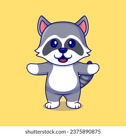 Cute racoon cartoon vector icon illustration standing raising both hands