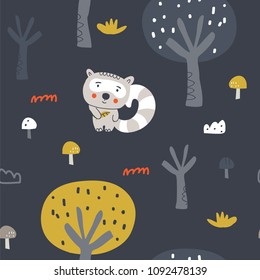 Cute Racoon Character In The Autumn Wood At Night Seamless Pattern