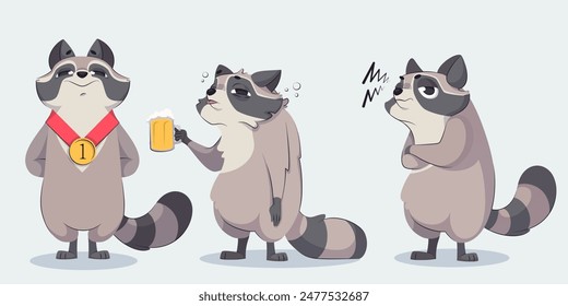 Cute racoon character. Funny animal drawing set. Happy winner raccoon illustration with medal on ribbon isolated on white background. Lovely mascot with tail and beer glass. Comic emotion expression