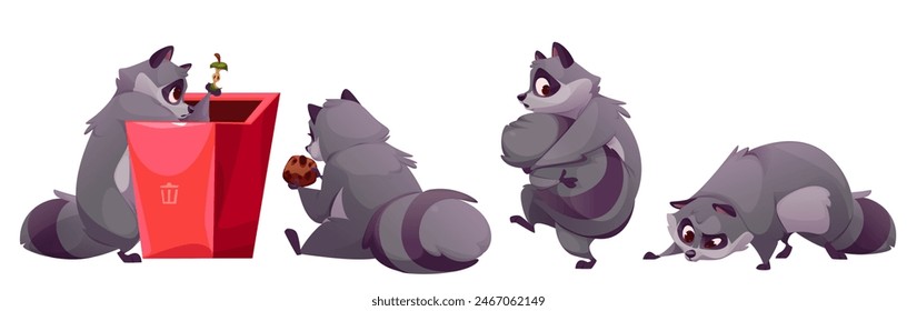 Lindo juego de personajes de mapache. Dibujo divertido de dibujos animados de mapache. Mascota ladrón salvaje con basura buscando galletas. Ladrón negro con cola sentada y comiendo o buscando comida en la colección de basura