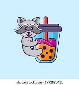 Cute racoon Drinking Boba milk tea. Animal cartoon concept isolated. Can used for t-shirt, greeting card, invitation card or mascot.