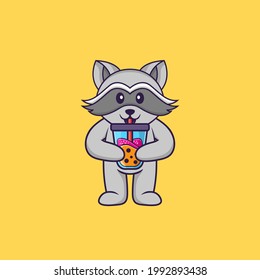 Cute racoon Drinking Boba milk tea. Animal cartoon concept isolated. Can used for t-shirt, greeting card, invitation card or mascot.