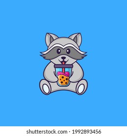 Cute racoon Drinking Boba milk tea. Animal cartoon concept isolated. Can used for t-shirt, greeting card, invitation card or mascot.