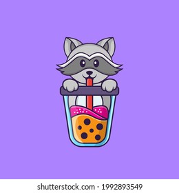 Cute racoon Drinking Boba milk tea. Animal cartoon concept isolated. Can used for t-shirt, greeting card, invitation card or mascot.