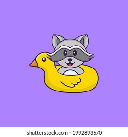 Cute racoon With Duck buoy. Animal cartoon concept isolated. Can used for t-shirt, greeting card, invitation card or mascot.