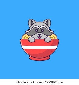 Cute racoon eating ramen noodles. Animal cartoon concept isolated. Can used for t-shirt, greeting card, invitation card or mascot.
