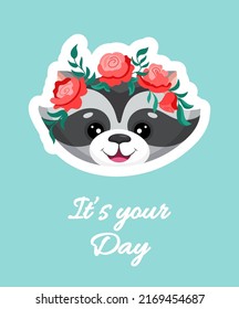 Cute Racoon with flower roses crown for nursery design, poster, birthday greeting cards, baby shower flyers. Vector cartoon illustration for children