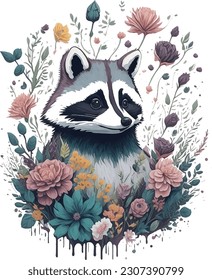 Cute Racoon with Flower Splash Colorful Watercolor Domestic Pet 3D Vector Artwork Flowers and Leaves a high detailed illustration  T-shirt design Mug print Sublimation print Laser Print