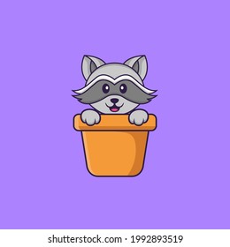 Cute racoon in a flower vase. Animal cartoon concept isolated. Can used for t-shirt, greeting card, invitation card or mascot. Flat Cartoon Style
