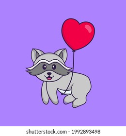 Cute racoon flying with love shaped balloons. Animal cartoon concept isolated. Can used for t-shirt, greeting card, invitation card or mascot.