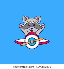 Racoon lindo volando en un avión. El concepto de caricatura animal aislado. Puede usarse para camisetas, tarjetas de felicitación, tarjetas de invitación o mascota.