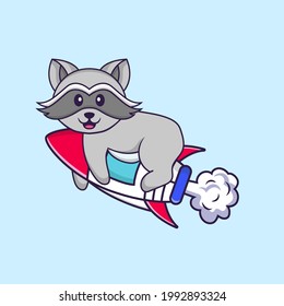 Cute racoon flying on rocket. Animal cartoon concept isolated. Can used for t-shirt, greeting card, invitation card or mascot.