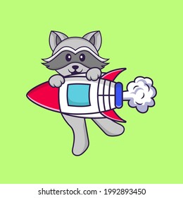 Cute racoon flying on rocket. Animal cartoon concept isolated. Can used for t-shirt, greeting card, invitation card or mascot.