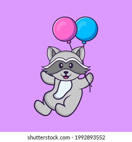 Cute racoon flying with two balloons. Animal cartoon concept isolated. Can used for t-shirt, greeting card, invitation card or mascot.