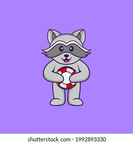 Cute racoon holding a buoy. Animal cartoon concept isolated. Can used for t-shirt, greeting card, invitation card or mascot.
