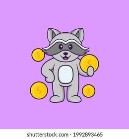 Cute racoon holding coin. Animal cartoon concept isolated. Can used for t-shirt, greeting card, invitation card or mascot.