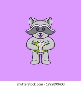 Cute racoon holding a map. Animal cartoon concept isolated. Can used for t-shirt, greeting card, invitation card or mascot.