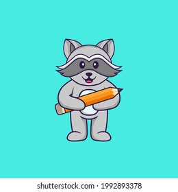 Cute racoon holding a pencil. Animal cartoon concept isolated. Can used for t-shirt, greeting card, invitation card or mascot.