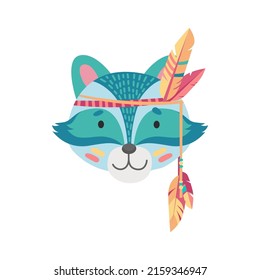 Cute Racoon Native American Or Indian Coon Animal Mask Isolated. Vector Raccoon Face, Carnival Party Headband With Feathers, Tribal Headdress Cartoon Icon. Wildlife Animal Mascot, Head With Ornaments