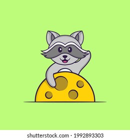Cute racoon is on the moon. Animal cartoon concept isolated. Can used for t-shirt, greeting card, invitation card or mascot.
